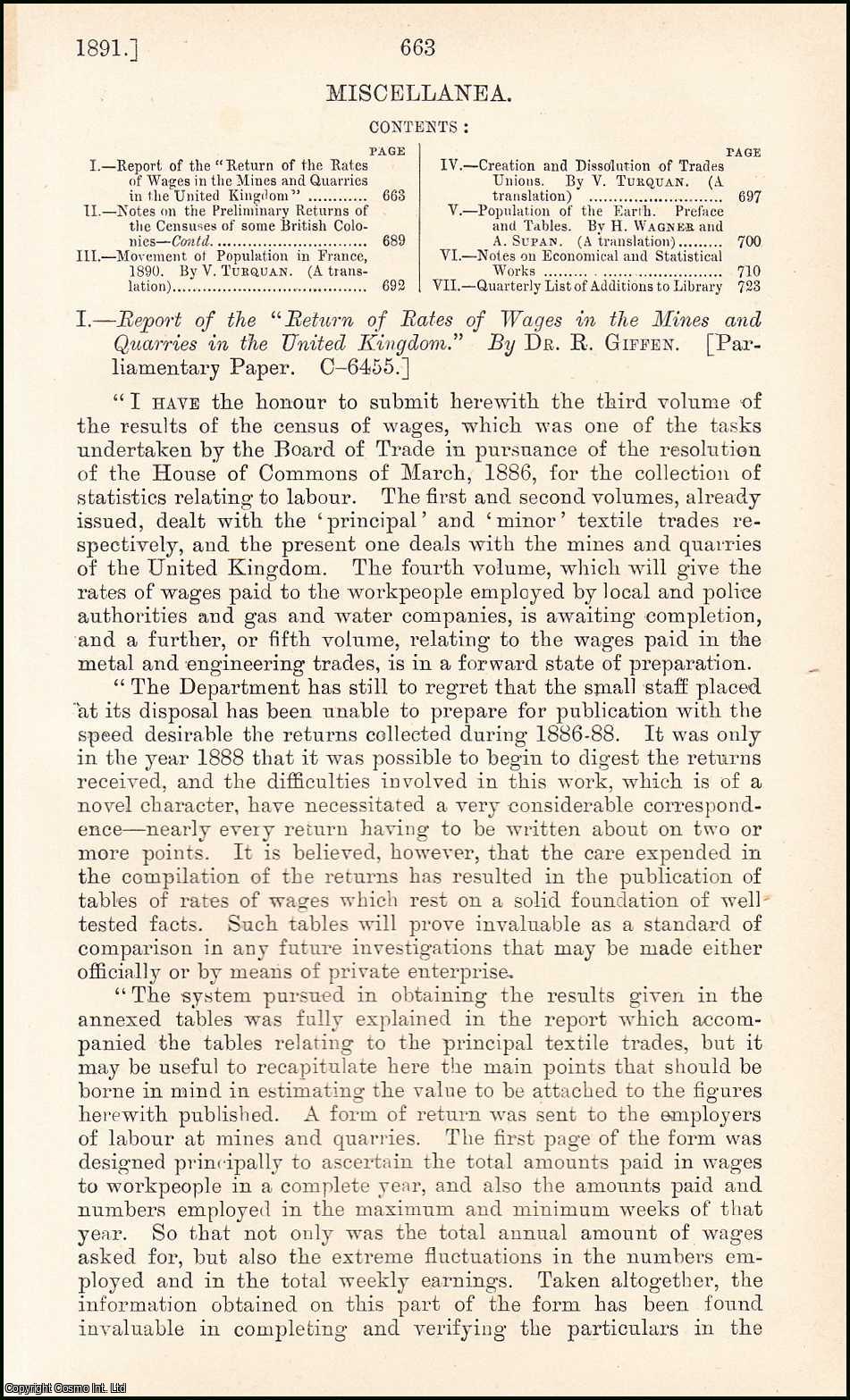 Dr. R. Giffen - The Return of Rates of Wages in the Mines & Quarries in the United Kingdom. An uncommon original article from the Journal of the Royal Statistical Society of London, 1891.