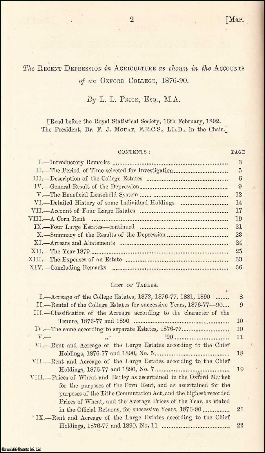 L.L. Price, Esq., M.A. - The Recent Depression in Agriculture as shown in the Accounts of an Oxford College, 1876-90. An uncommon original article from the Journal of the Royal Statistical Society of London, 1892.