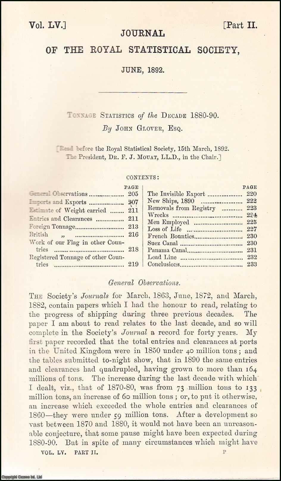 John Glover, Esq. - Tonnage Statistics of the Decade, 1880-90. An uncommon original article from the Journal of the Royal Statistical Society of London, 1892.