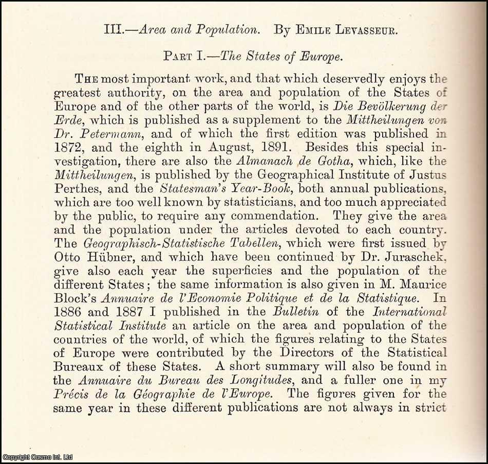 Emile Levasseur - Area & Population : the States of Europe. An uncommon original article from the Journal of the Royal Statistical Society of London, 1892.