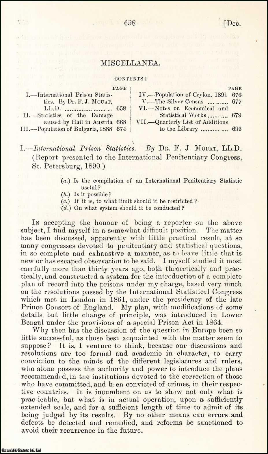 Dr. F.J. Mouat, LL.D. - International Prison Statistics. An uncommon original article from the Journal of the Royal Statistical Society of London, 1892.