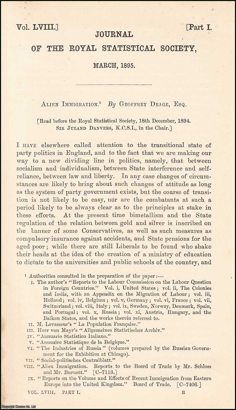 Geoffrey Drage, Esq. - Alien Immigration, 1895. An uncommon original article from the Journal of the Royal Statistical Society of London, 1895.