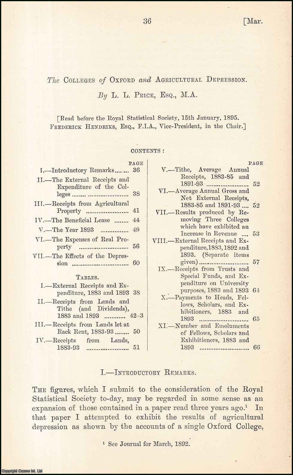 L.L.Price, Esq., M.A. - The College of Oxford & Agricultural Depression. An uncommon original article from the Journal of the Royal Statistical Society of London, 1895.