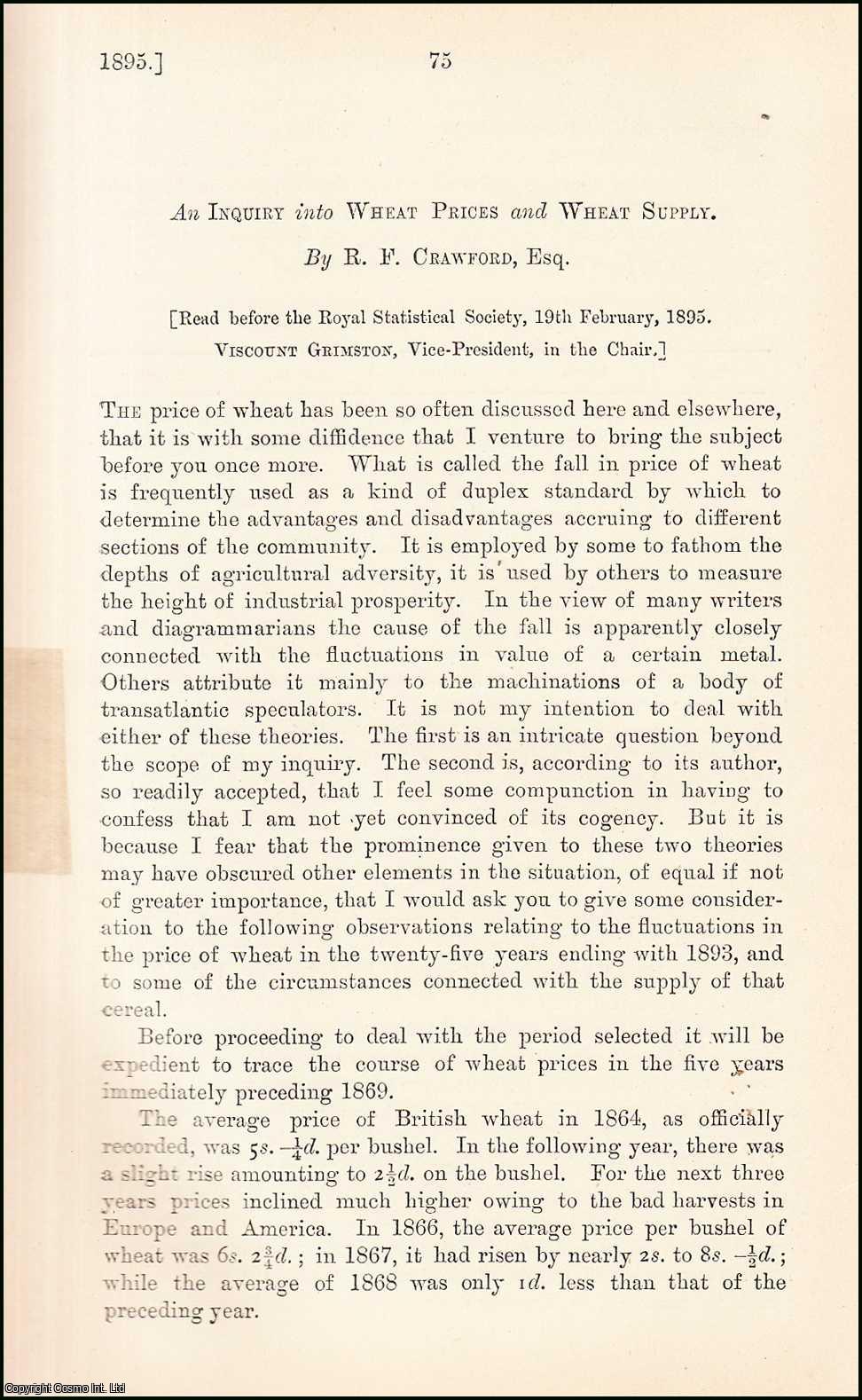R.F. Crawford, Esq. - An Inquiry into Wheat Prices & Wheat Supply. An uncommon original article from the Journal of the Royal Statistical Society of London, 1895.