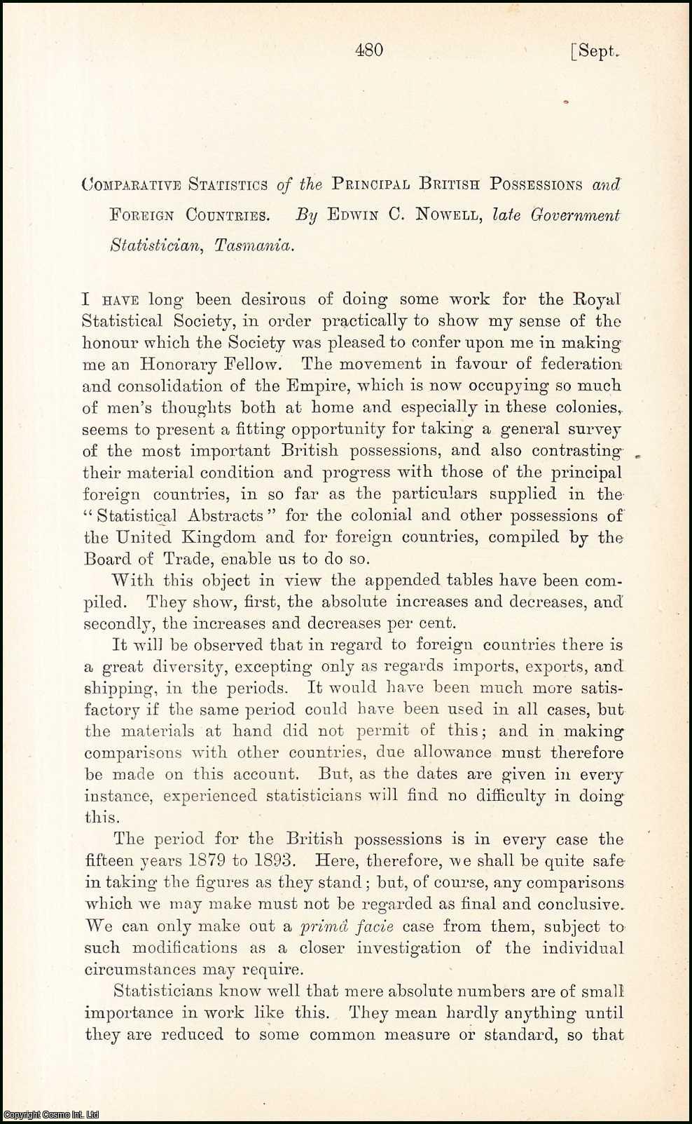 Edwin C. Nowell, Late Government Statistician, Tasmania. - Comparative Statistics of the Principal British Possessions & Foreign Countries. An uncommon original article from the Journal of the Royal Statistical Society of London, 1895.