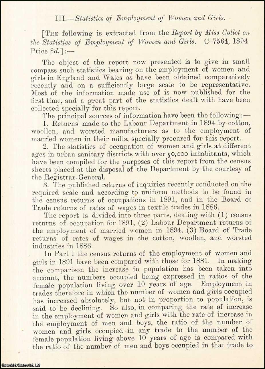 No Author Stated - Statistics of Employment of Women & Girls. An uncommon original article from the Journal of the Royal Statistical Society of London, 1895.