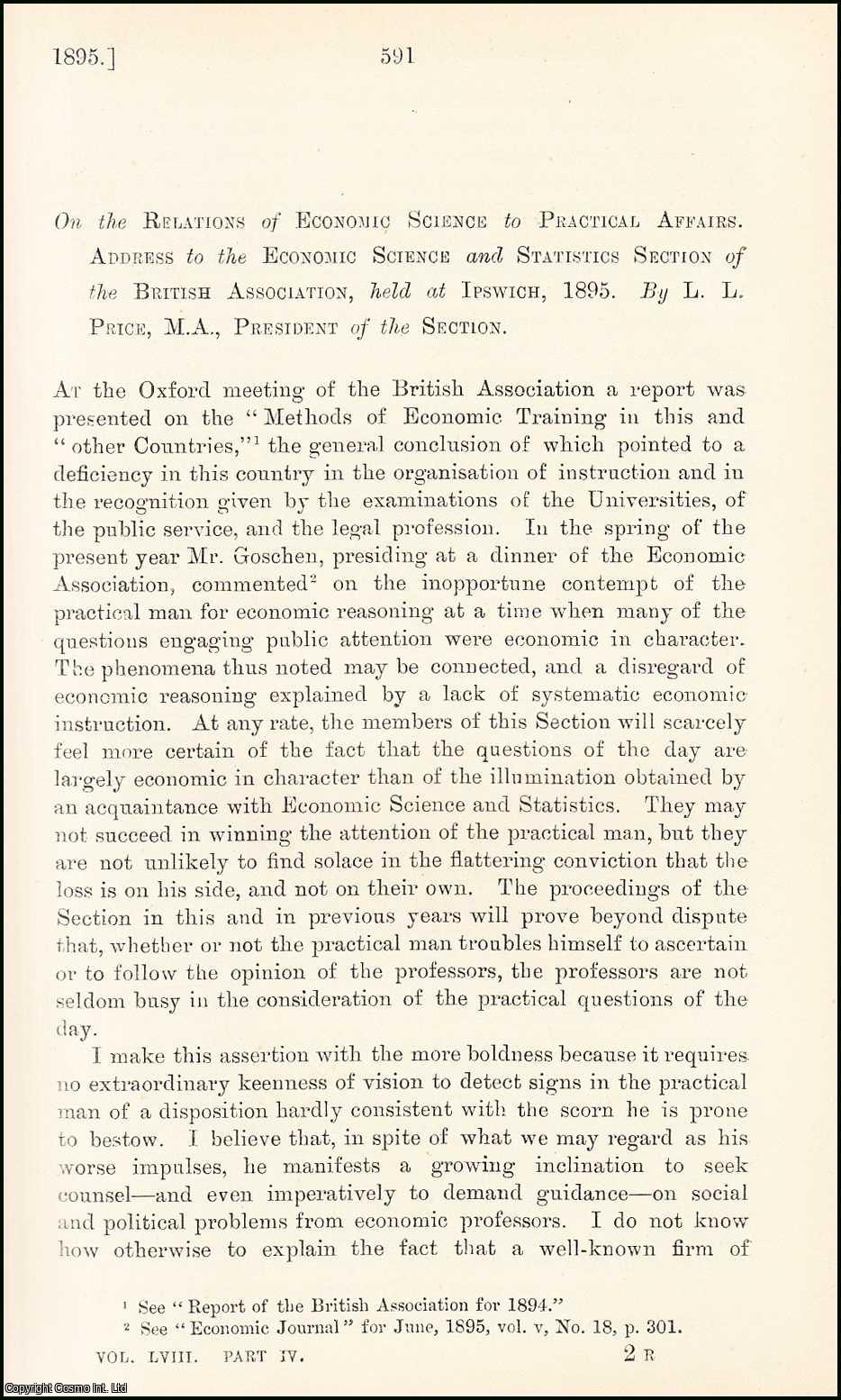 L.L. Price, M.A. - The Relations of Economic Science to Practical Affairs. An uncommon original article from the Journal of the Royal Statistical Society of London, 1895.