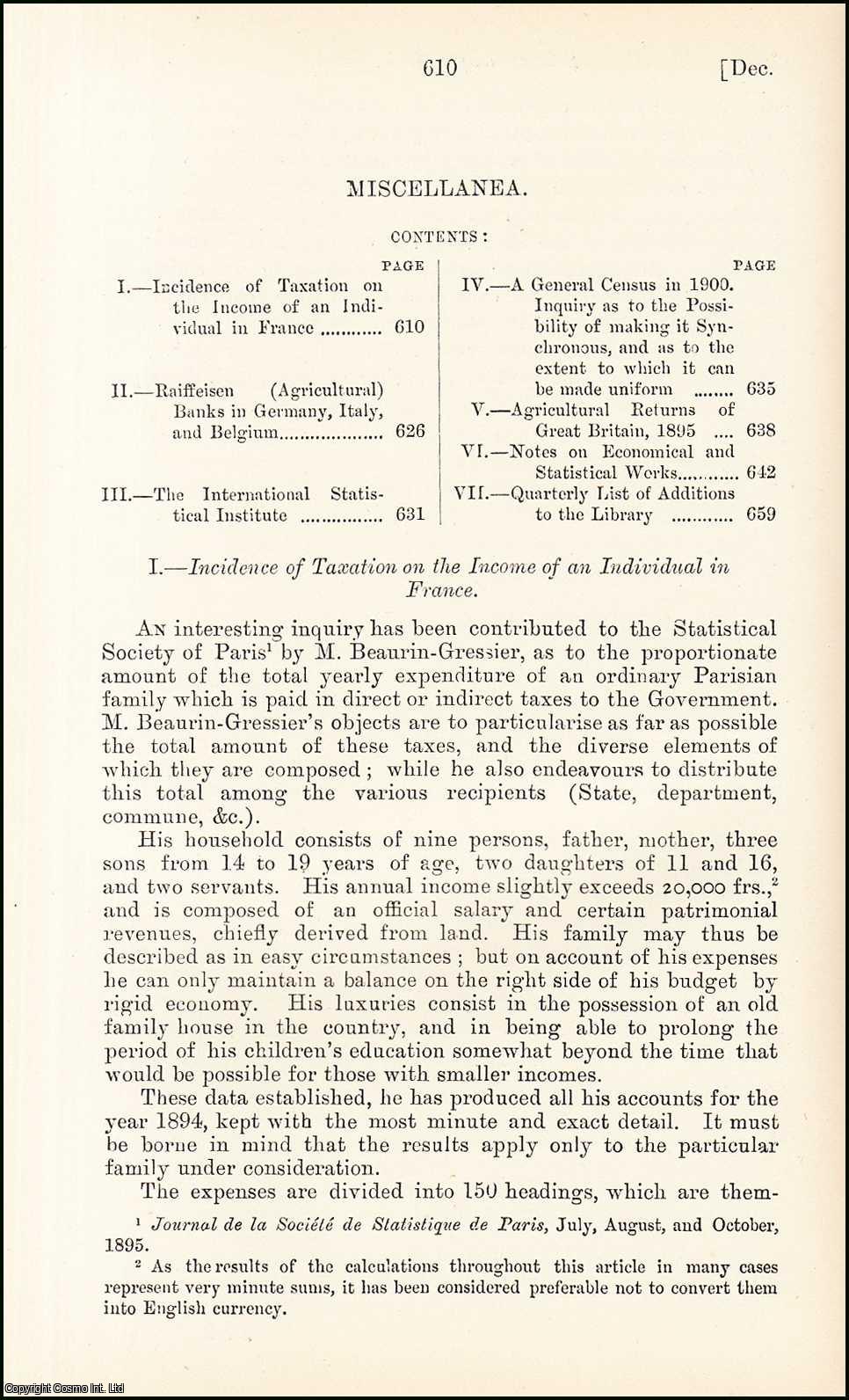 No Author Stated - Incidence of Taxation on the Income of an Individual in France. An uncommon original article from the Journal of the Royal Statistical Society of London, 1895.