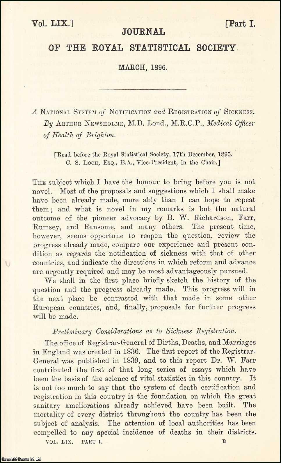 Arthur Newsholme, M.D. Lond., M.R.C.P., Medical Officer of Health of Brighton. - A National System of Notification & Registration of Sickness. An uncommon original article from the Journal of the Royal Statistical Society of London, 1896.