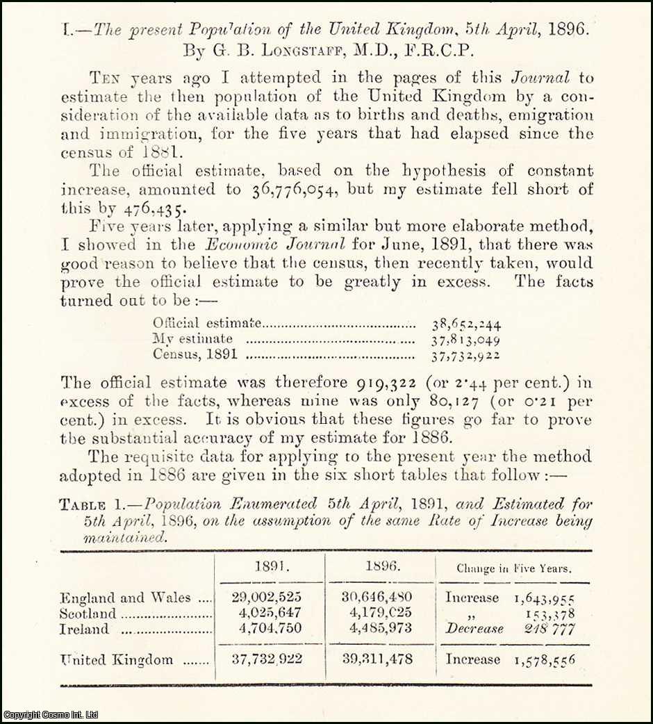 G.B. Longstaff, M.D., F.R.C.P. - The Present Population of the United Kingdom, 1896. An uncommon original article from the Journal of the Royal Statistical Society of London, 1896.