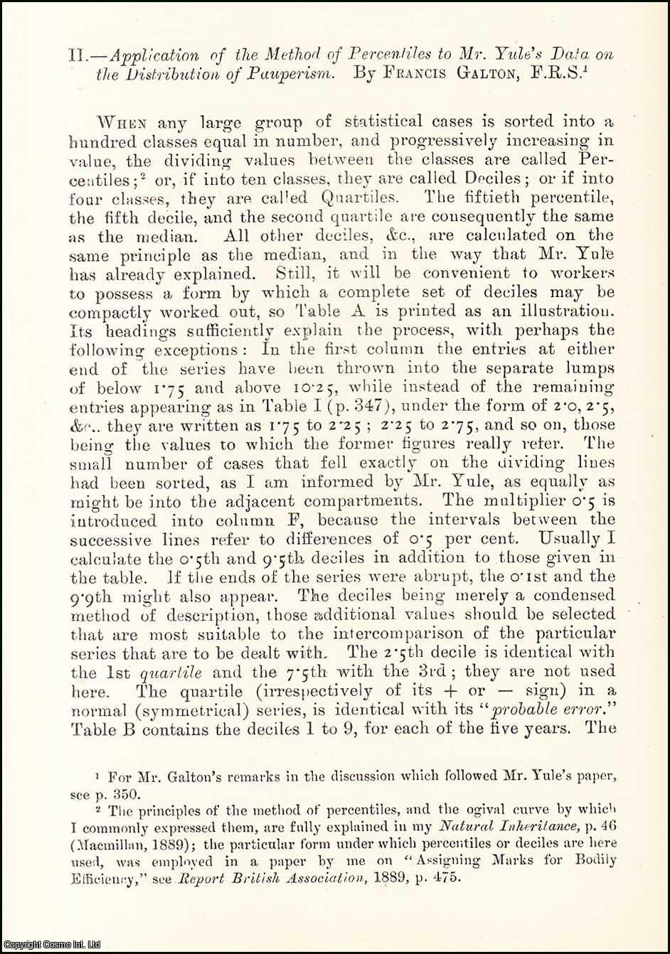 Francis Galton, F.R.S. - Application of the Method of Percentiles to Mr. Yule's Data on the Distribution of Pauperism. An uncommon original article from the Journal of the Royal Statistical Society of London, 1896.