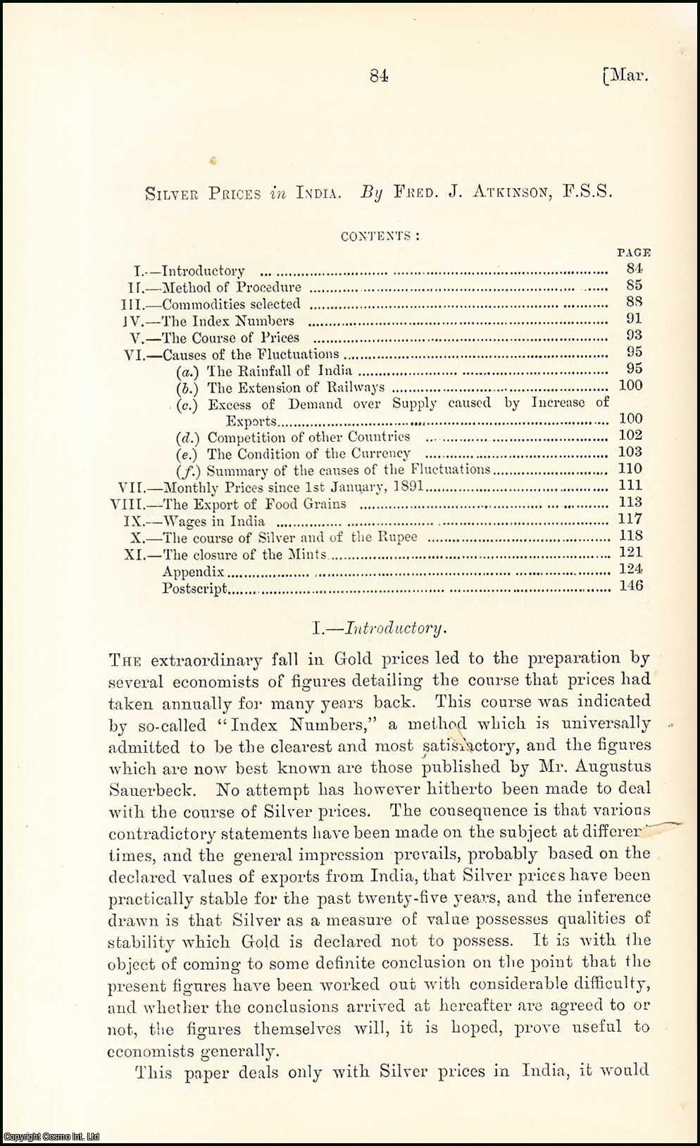 Fred J. Atkinson, F.S.S. - Silver Prices in India. An uncommon original article from the Journal of the Royal Statistical Society of London, 1897.