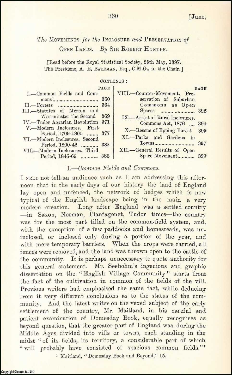 Sir Robert Hunter - The Movements for the Inclosure & Preservation of Open Lands. An uncommon original article from the Journal of the Royal Statistical Society of London, 1897.