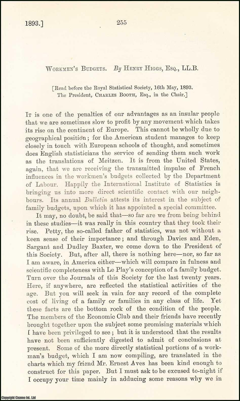 Henry Higgs, Esq., LL.B. - Workmen's Budgets. An uncommon original article from the Journal of the Royal Statistical Society of London, 1893.