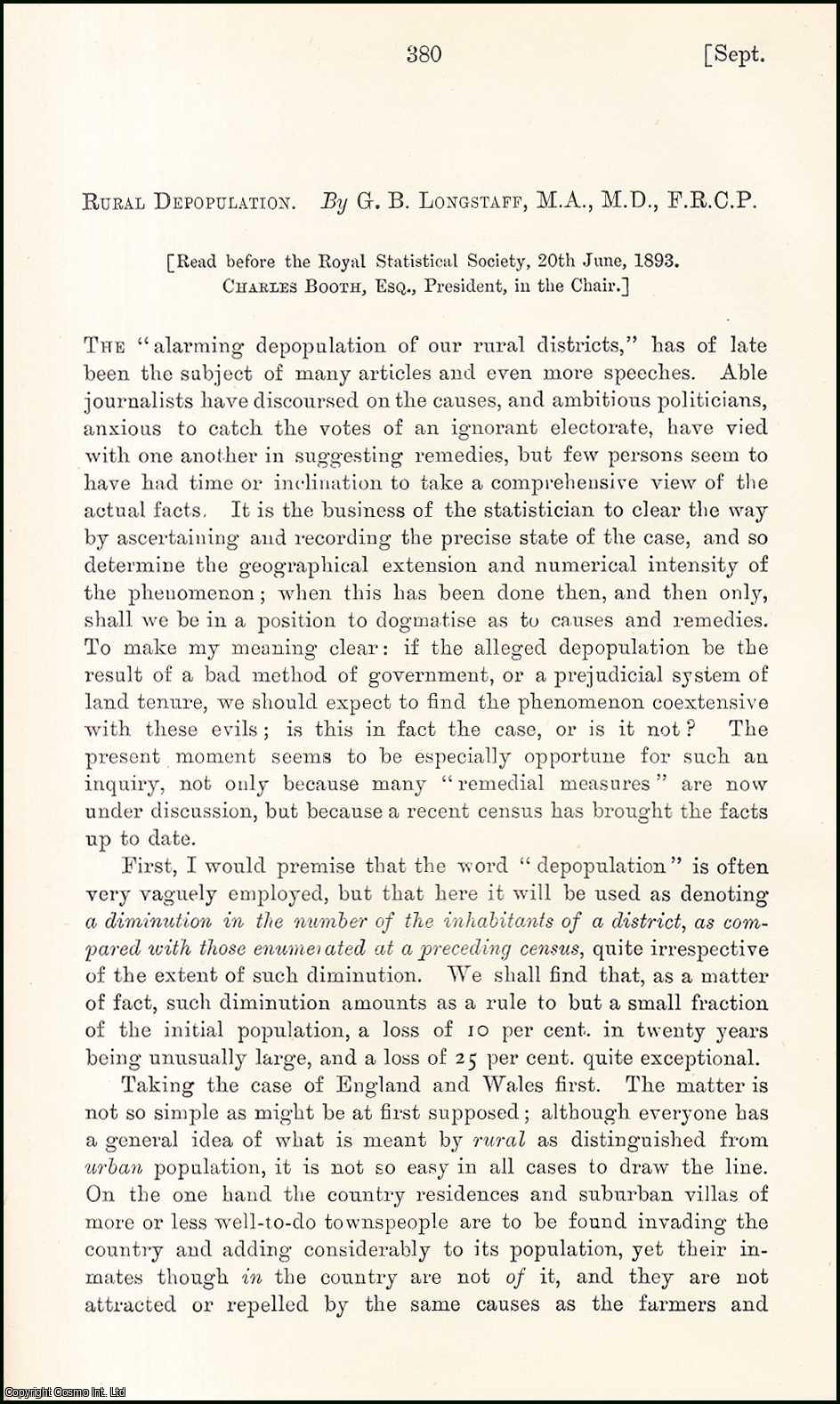 G.B. Longstaff, M.A., M.D., F.R.C.P. - Rural Depopulation. An uncommon original article from the Journal of the Royal Statistical Society of London, 1893.
