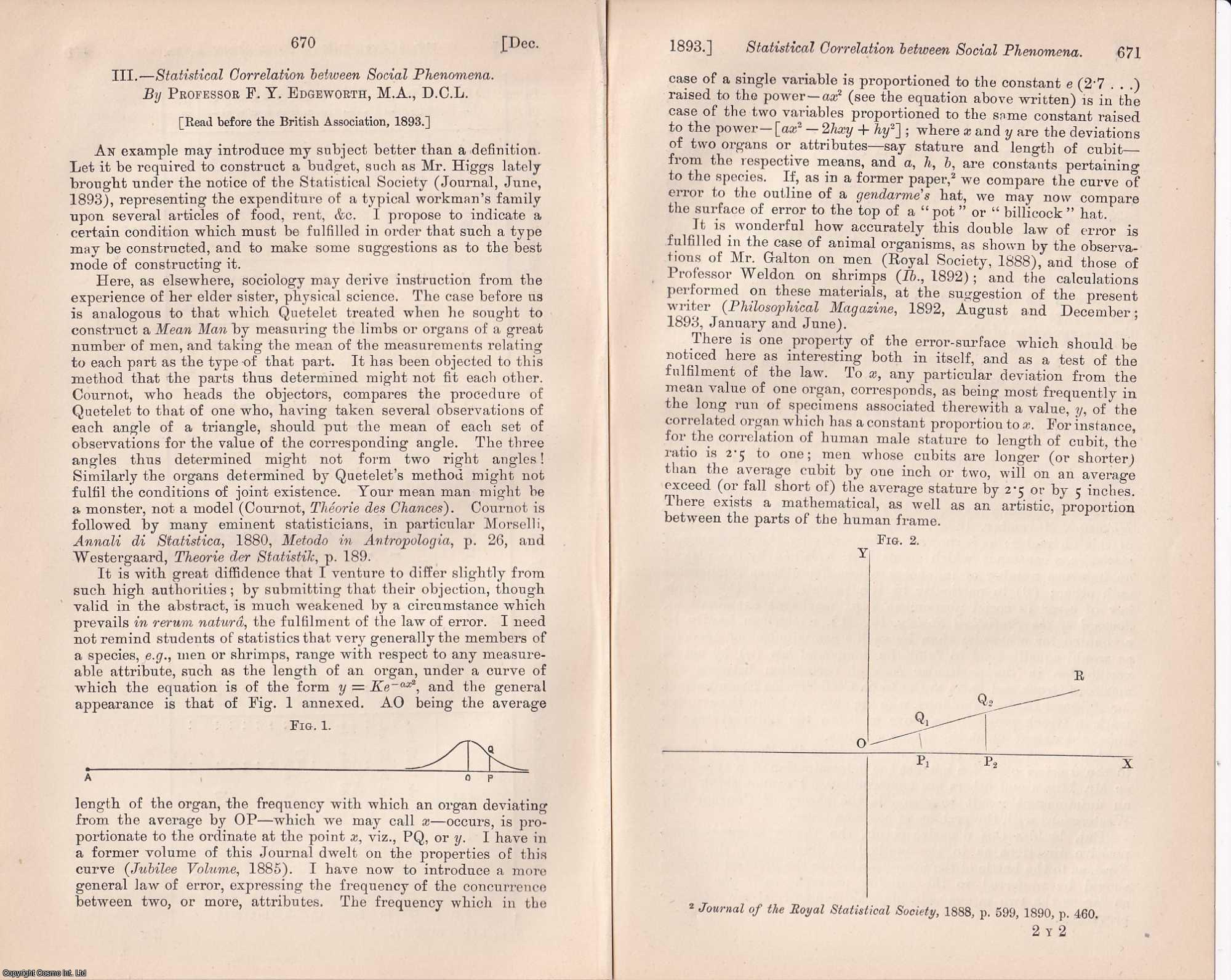Professor F.Y. Edgeworth, M.A., D.C.L. - Statistical Correlation between Social Phenomena. An uncommon original article from the Journal of the Royal Statistical Society of London, 1893.