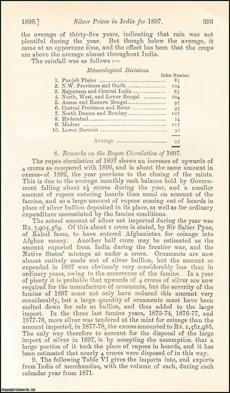 Fred J. Atkinson, F.S.S. - Silver Prices in India for 1897. An uncommon original article from the Journal of the Royal Statistical Society of London, 1898.