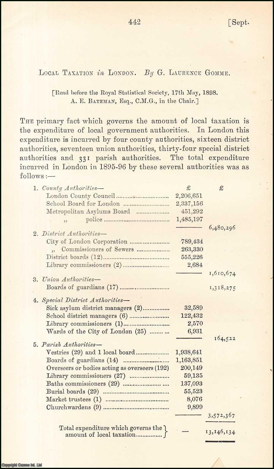 G. Laurence Gomme - Local Taxation in London. An uncommon original article from the Journal of the Royal Statistical Society of London, 1898.