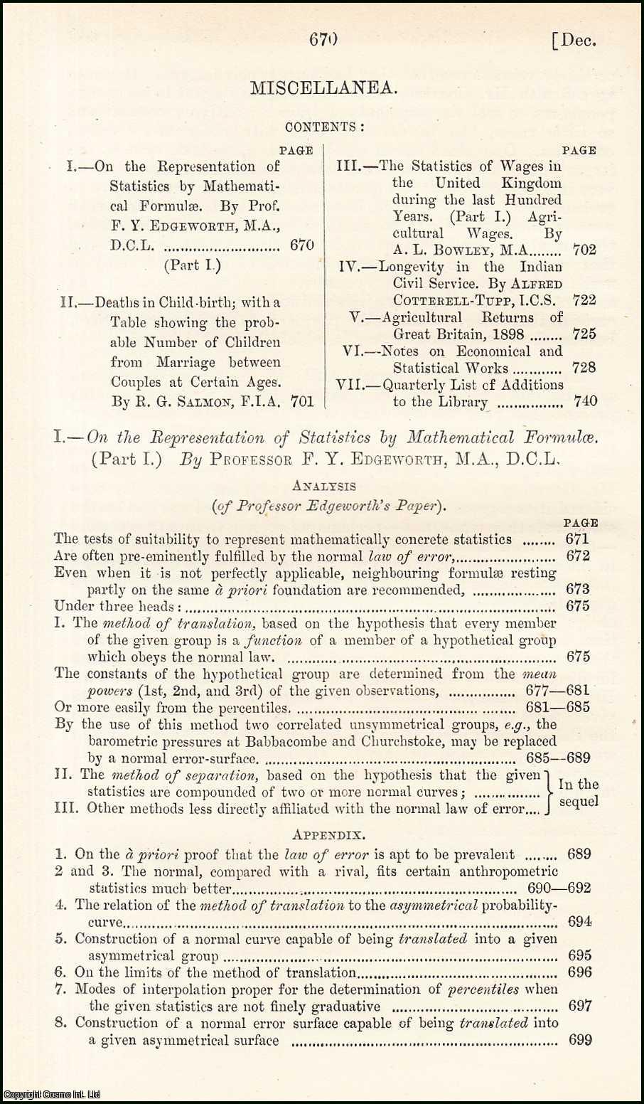 Professor F.Y. Edgeworth, M.A., D.C.L. - On the Representation of Statistics by Mathematical Formulae (part 1). An uncommon original article from the Journal of the Royal Statistical Society of London, 1898.