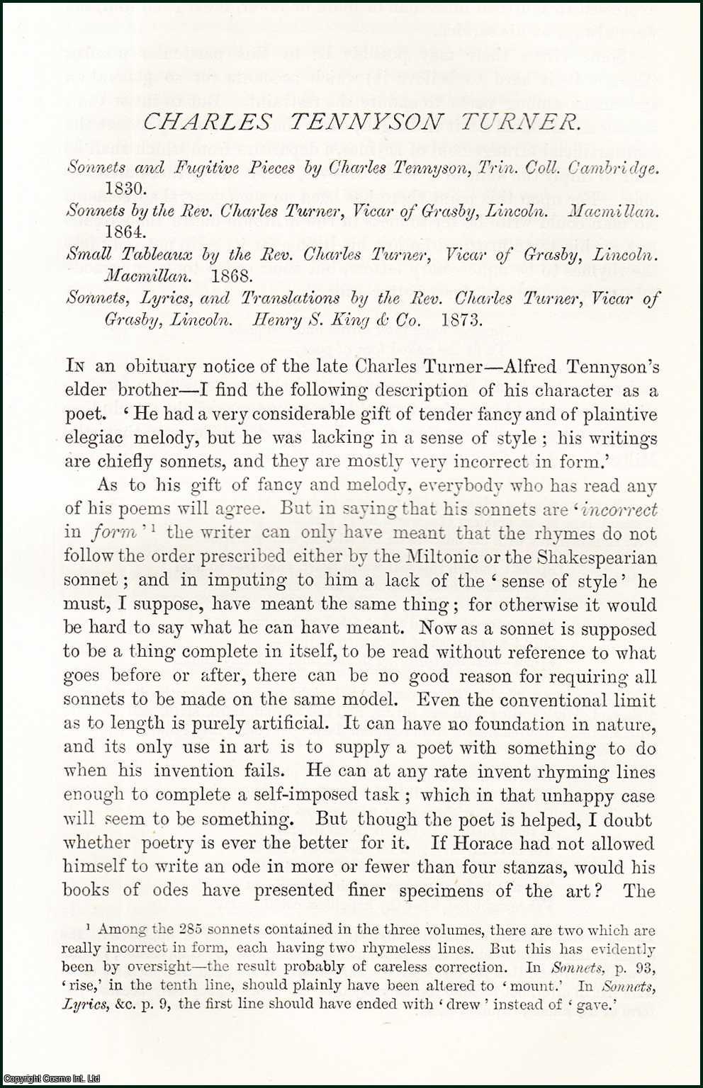 James Spedding - Charles Tennyson Turner : a review and summary of the poetry of the late vicar, brother to Lord Tennyson. An original article from the Nineteenth Century Magazine, 1879.