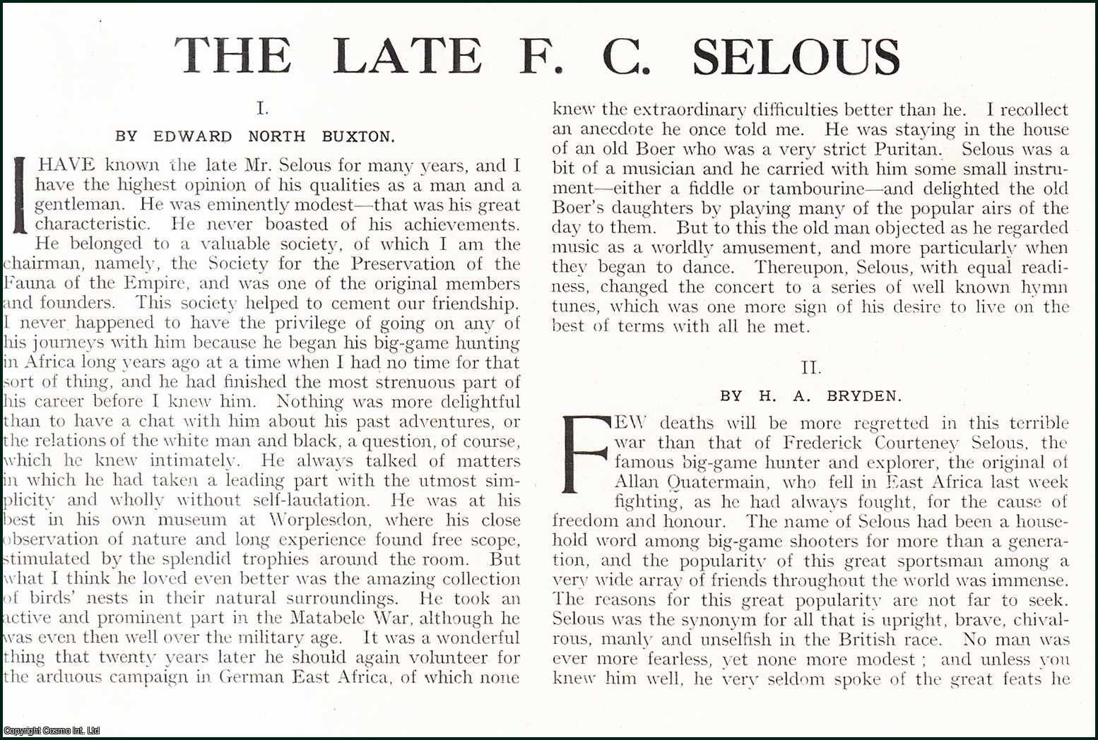 Edward North Buxton, H.A. Bryden & Frank Wallace - The Late F.C. Captain Selous : Sportsman & Hero. Several pictures and accompanying text, removed from an original issue of Country Life Magazine, 1917.