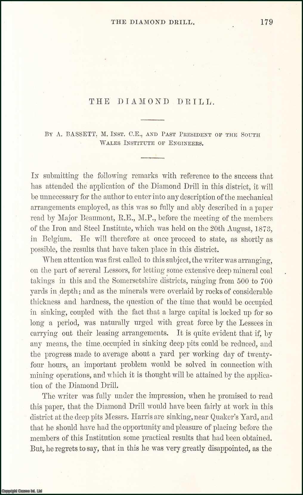A. Bassett, M. Inst. C.E., & Past President of the South Wales Institute of Engineers. - The Diamond Drill. An original article from the Transactions of the North of England Institute of Mining Engineers, 1874.