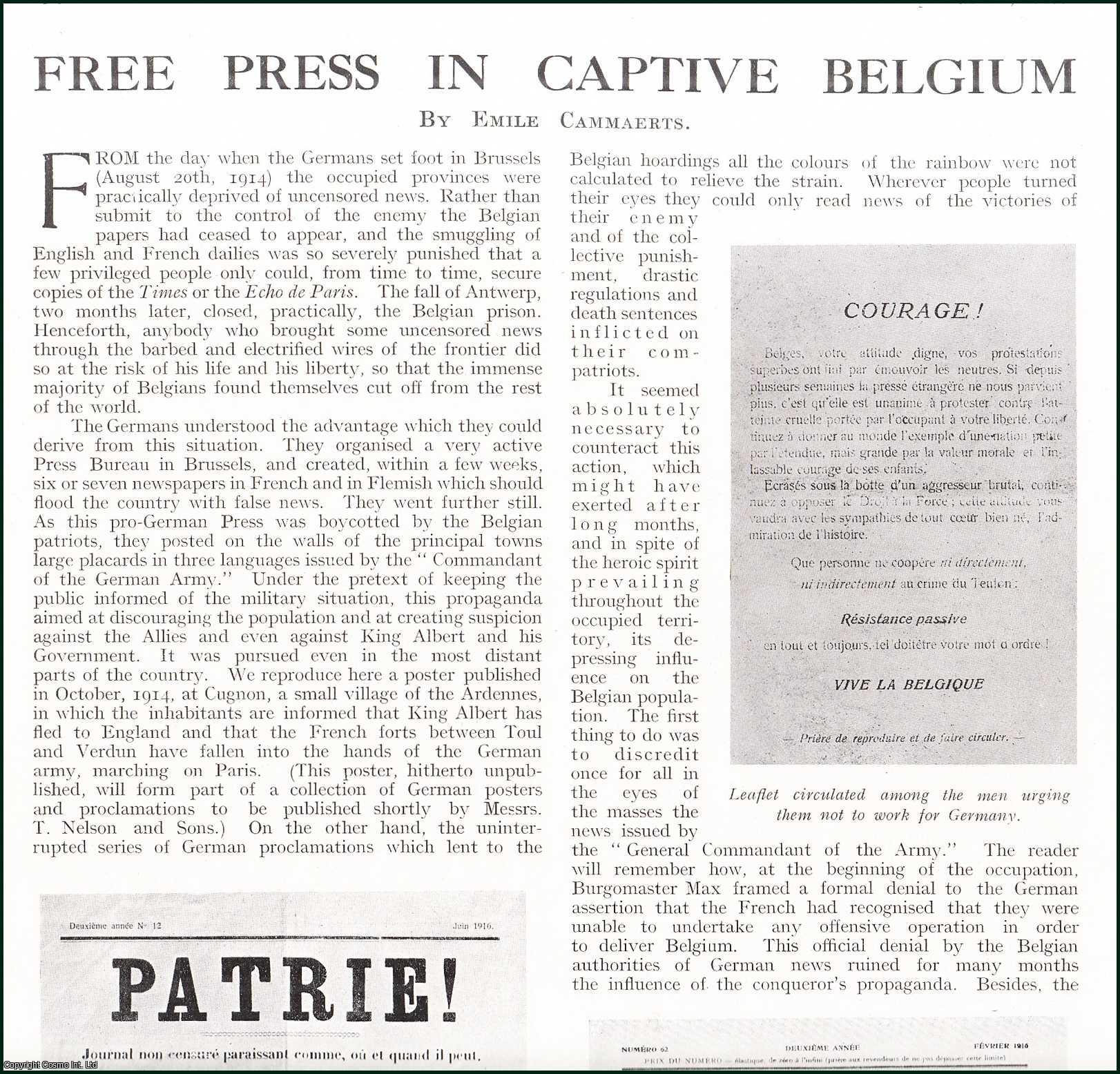Emile Cammaerts - Free Press in Captive Belgium. Several pictures and accompanying text, removed from an original issue of Country Life Magazine, 1917.