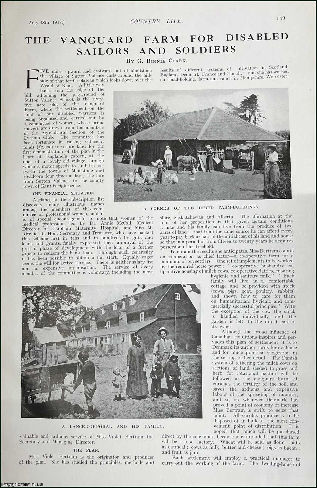 G. Binnie Clark - The Vanguard Farm in the Village of Sutton for Disabled Sailors & Soldiers. Several pictures and accompanying text, removed from an original issue of Country Life Magazine, 1917.