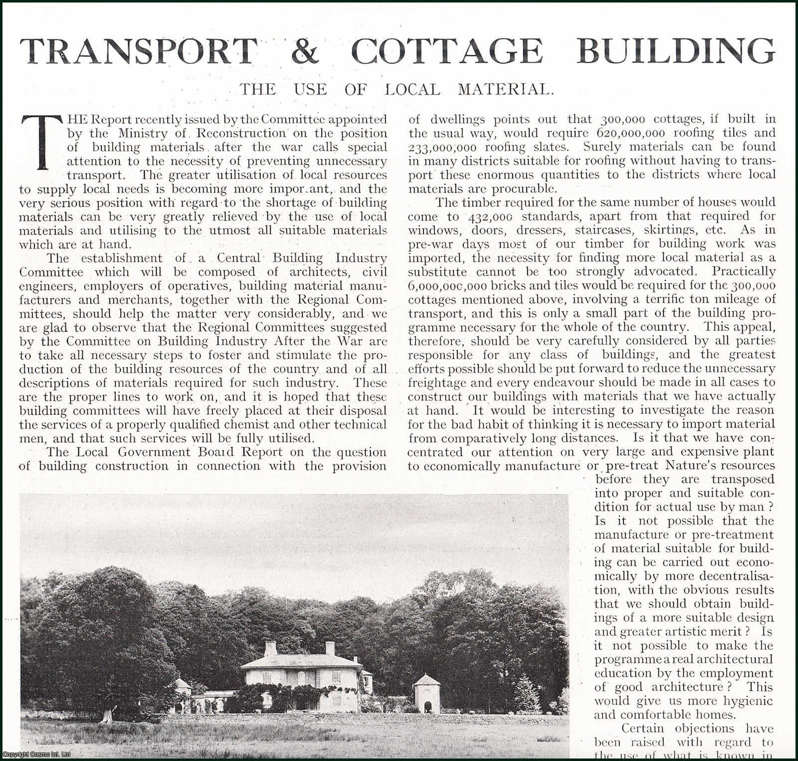 Country Life Magazine - Transport & Cottage Building, Devon : the use of local material. Several pictures and accompanying text, removed from an original issue of Country Life Magazine, 1918.
