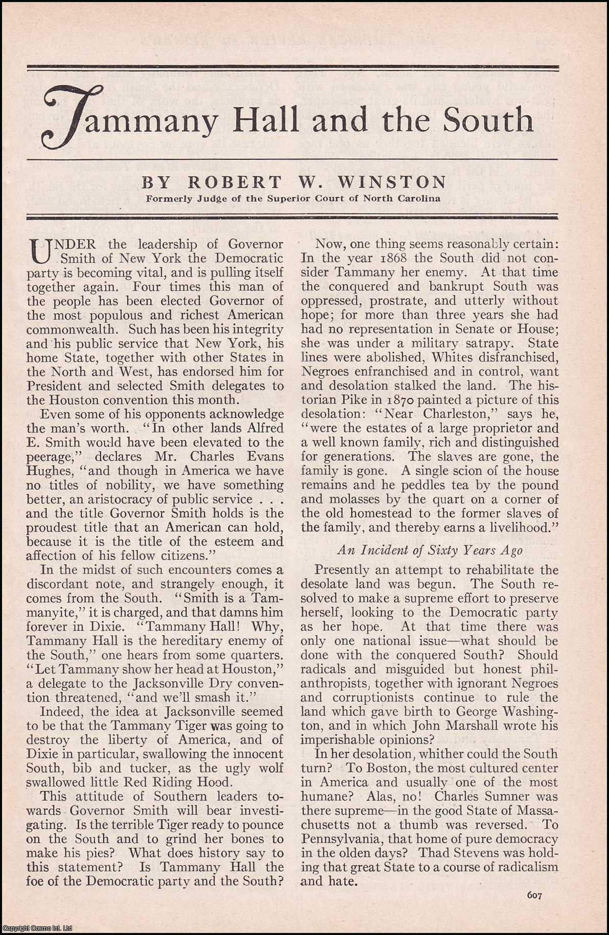 Robert W. Winston, Formerly Judge of the Superior Court of North Carolina. - Tammany Hall, New York & the South. An original article from the American Review of Reviews, 1928.