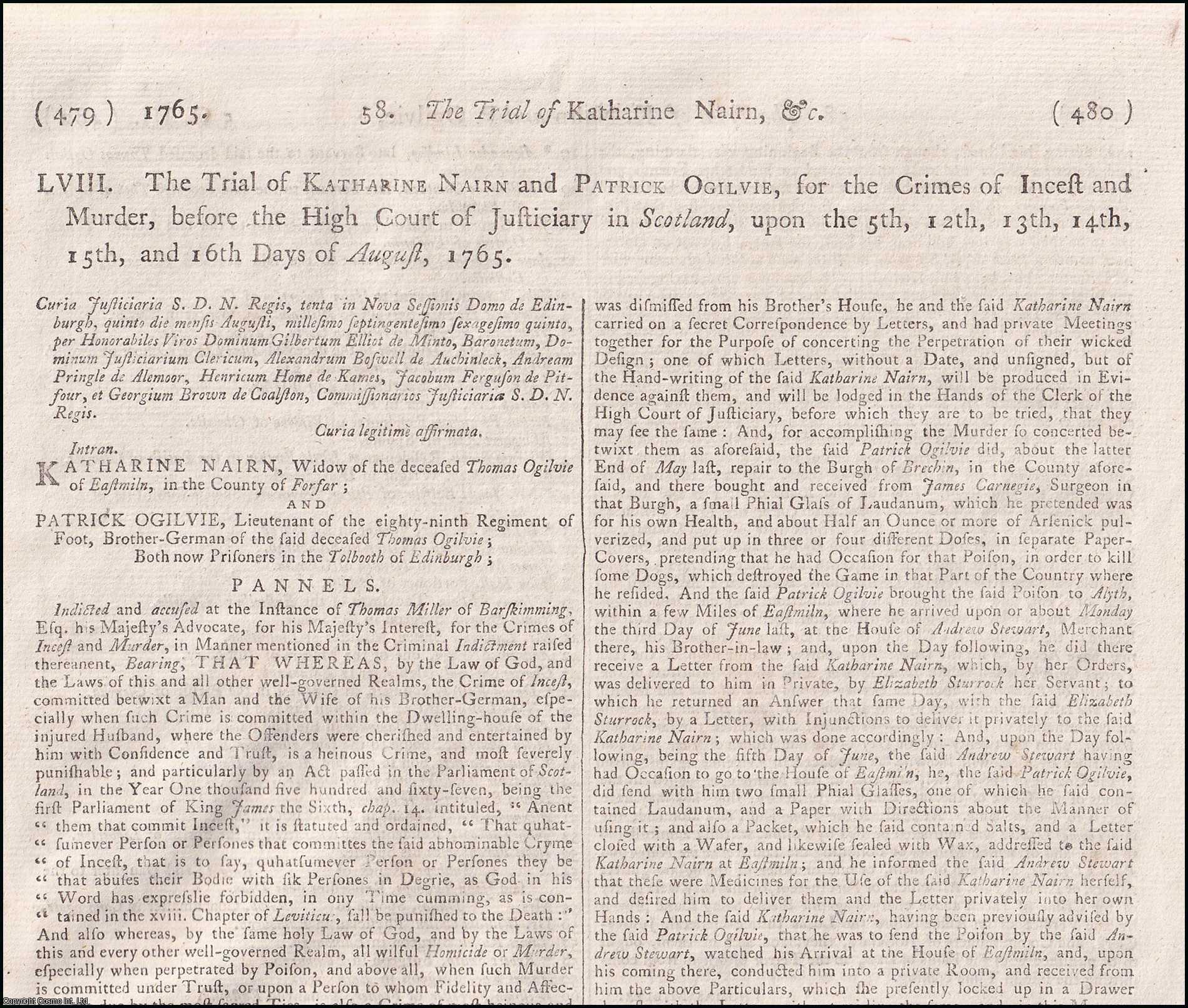 [Trial]. - The Trial of Katharine Nairn and Patrick Ogilvie, for the Crimes of Incest and Murder, before the High Court of Justiciary in Scotland, upon the 5th, 12th, 13th, 14th, 15th, and 16th Days of August, 1765. An original report from the Collected State Trials.