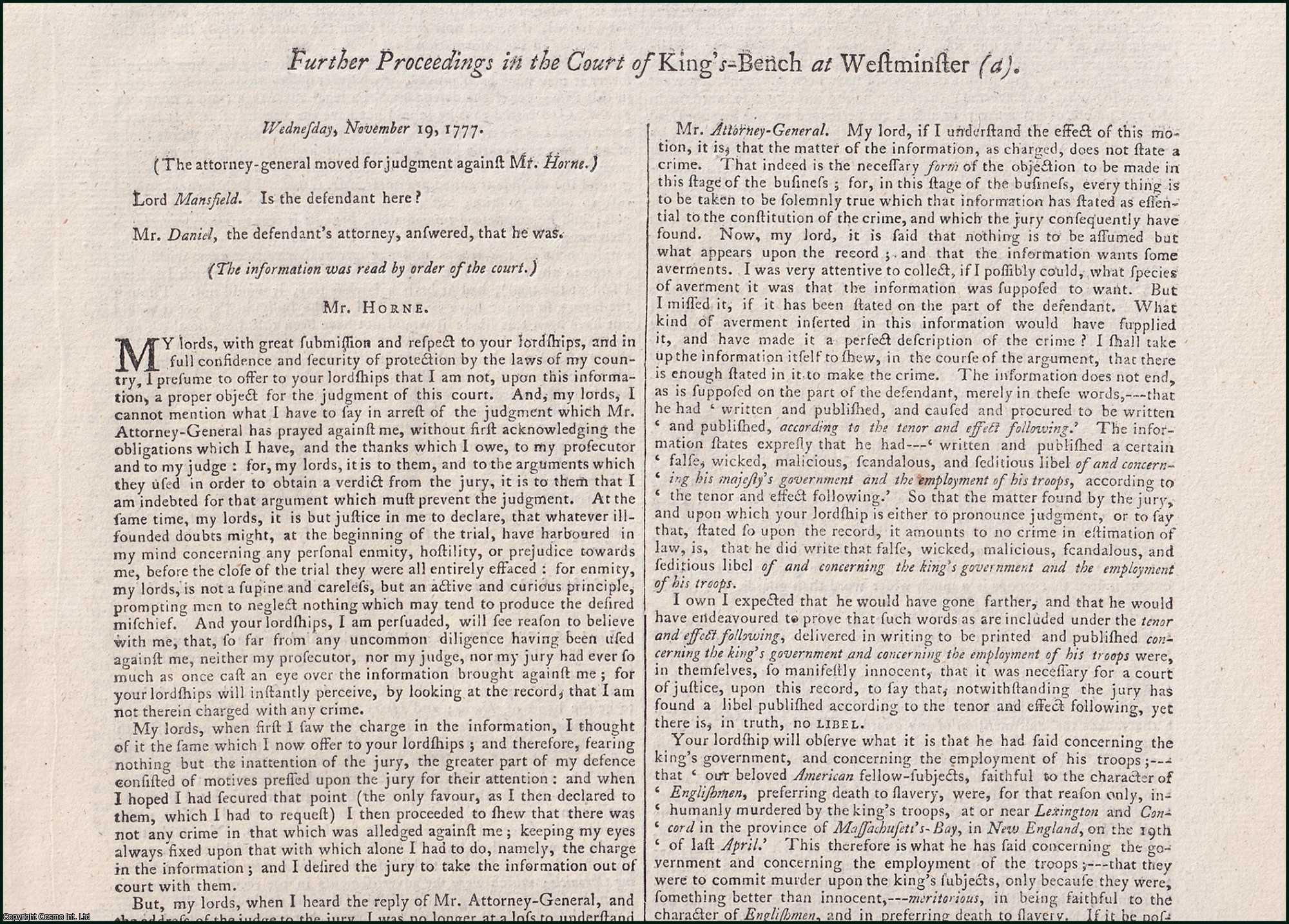 [Trial]. - Further Proceedings in the Court of King's-Bench at Westminster, 1777. An original report from the Collected State Trials.