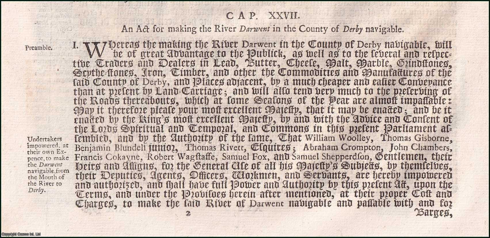 King George I - River Darwent, Derby: Navigation. Act 1719 c. 27. An Act for making the River Darwent in the County of Derby navigable.