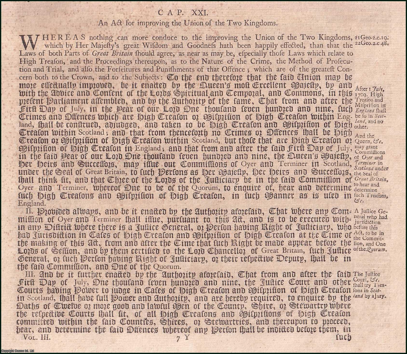 Queen Anne - Treason Act 1708 c. 21. An Act for Improving the Union of the Two Kingdoms.