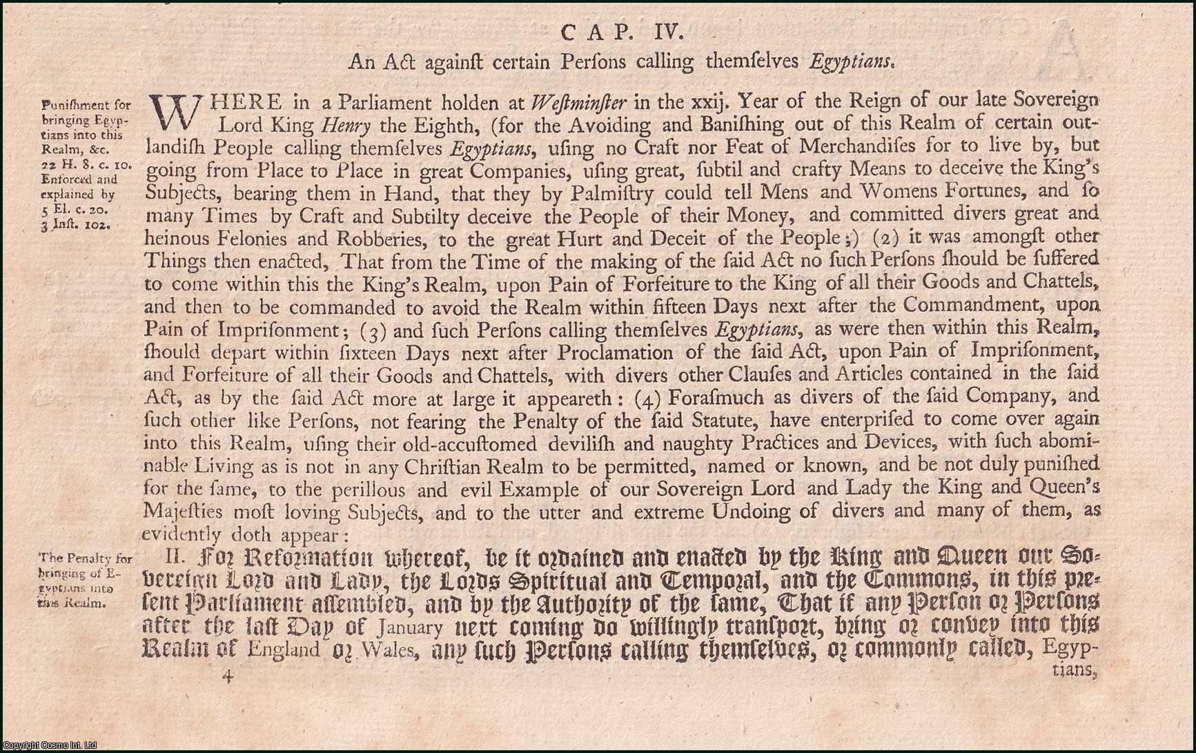 Mary I - Egyptians c. 4. An Act against certain Persons calling themselves Egyptians.