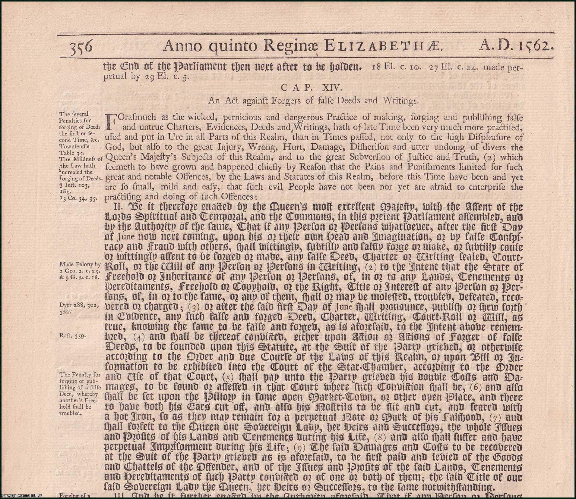 Queen Elizabeth I - Forgery c. 14. An Act against Forgers of false Deeds and Writings.