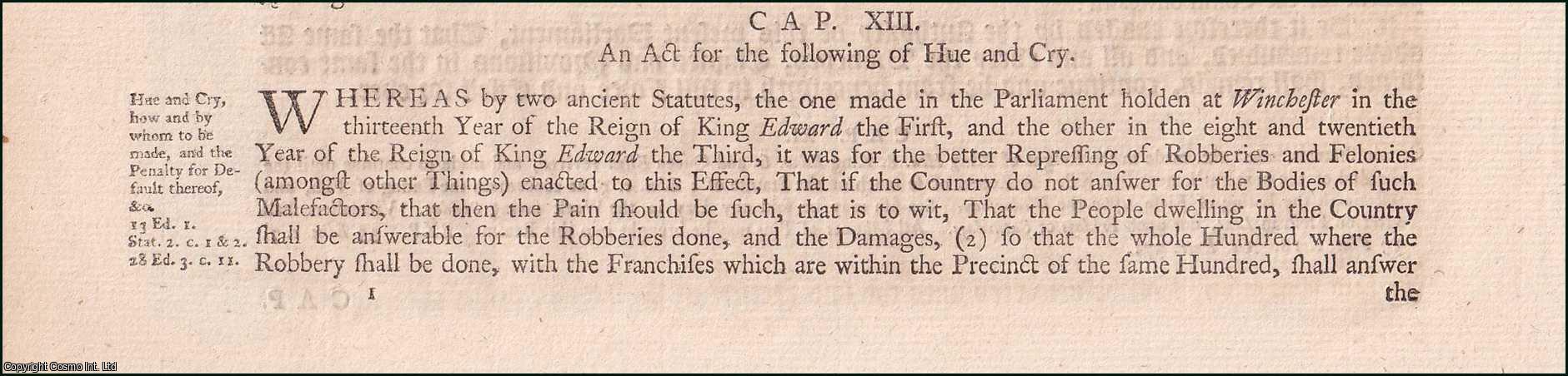 Queen Elizabeth I - Hue and cry c. 13. An Act for the following of Hue and Cry.