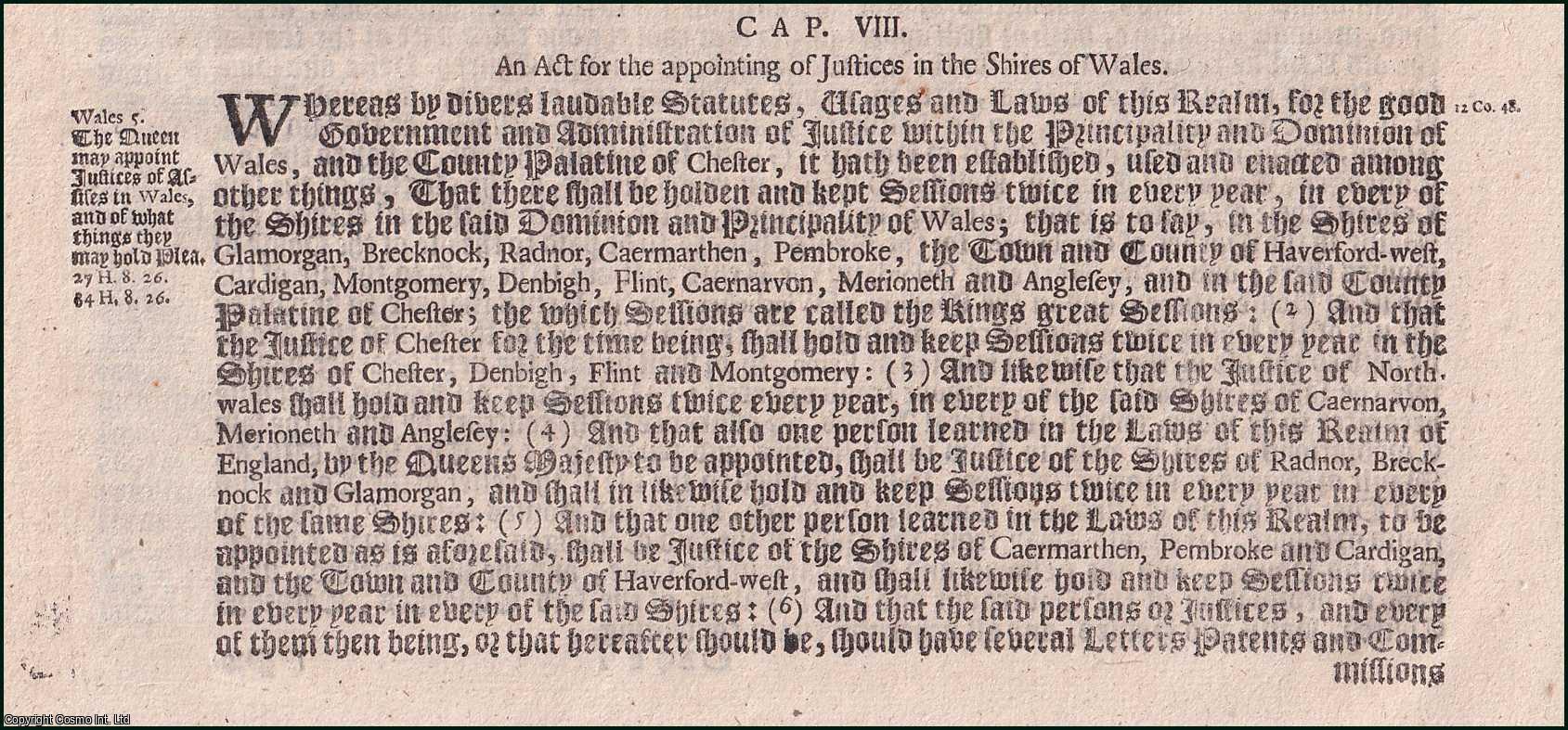 Queen Elizabeth I - Welsh circuits c. 8. An Act for the appointing of Justices in the Shires of Wales.