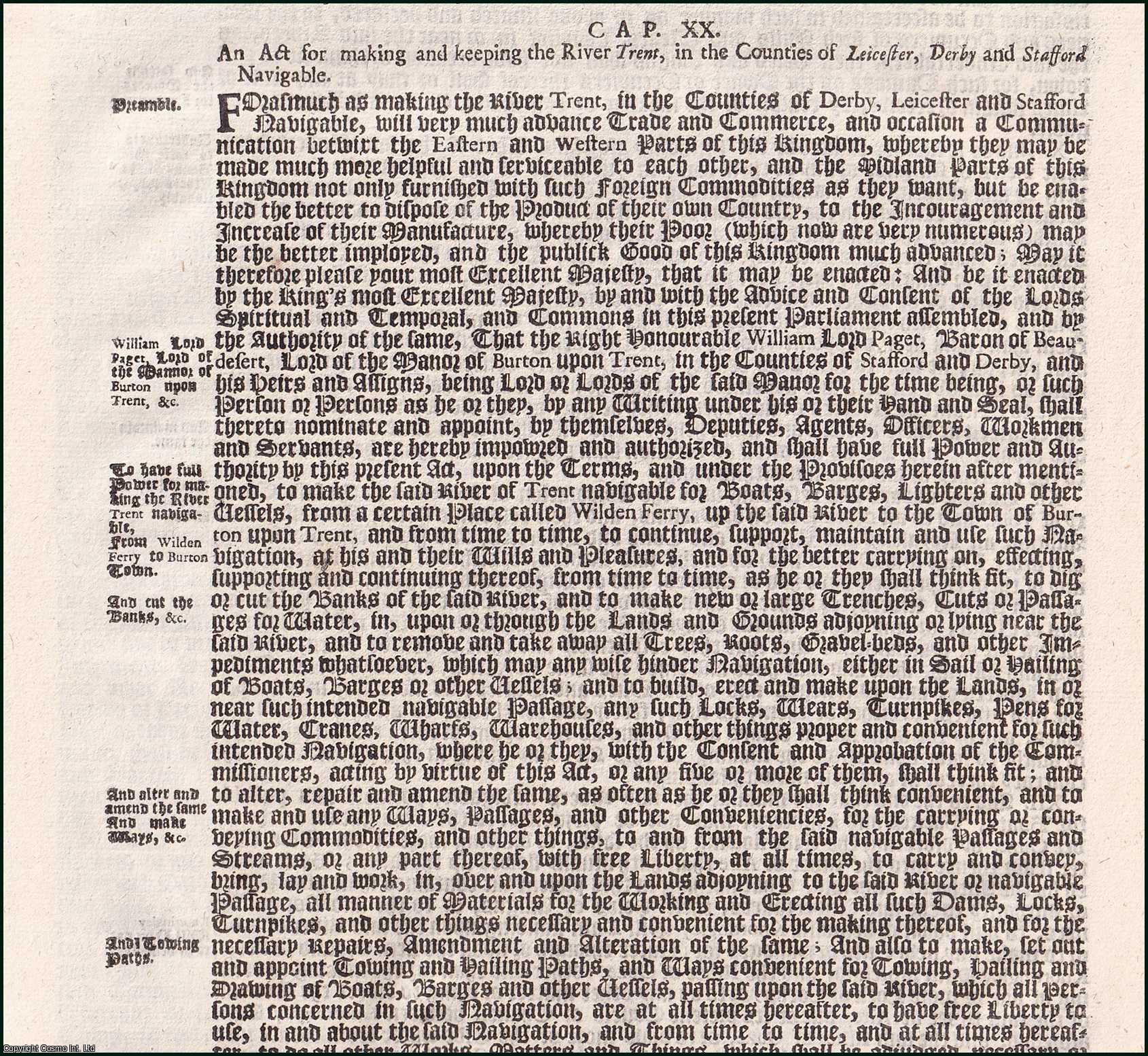 King William III - River Trent Navigation. Act 1698 c. 20. An Act for making and keeping the River Trent, in the Counties of Leicester, Derby and Stafford Navigable.