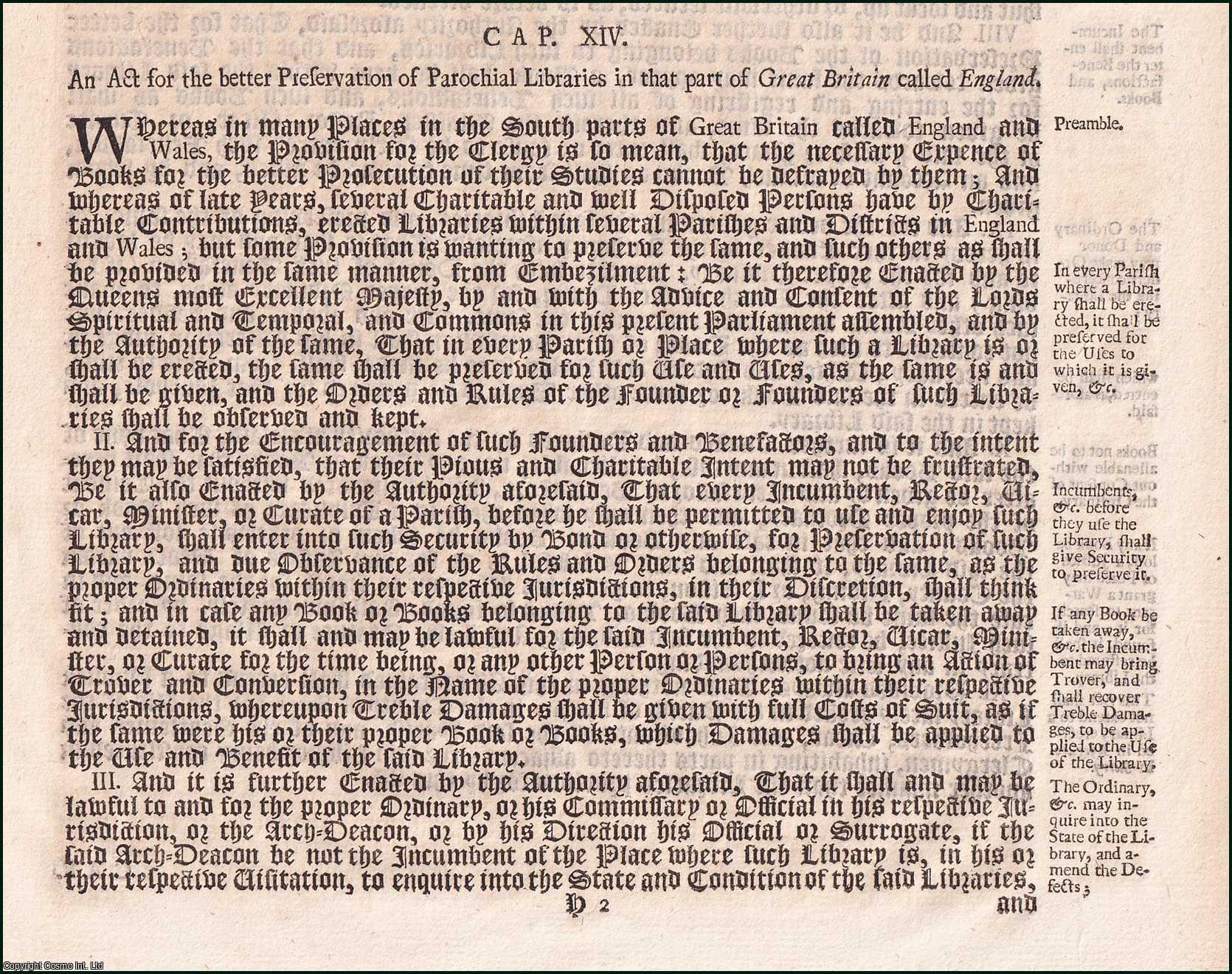 Queen Anne - Parochial Libraries Act 1708 c. 14. An Act for the better Preservation of Parochial Libraries in that part of Great Britain called England.