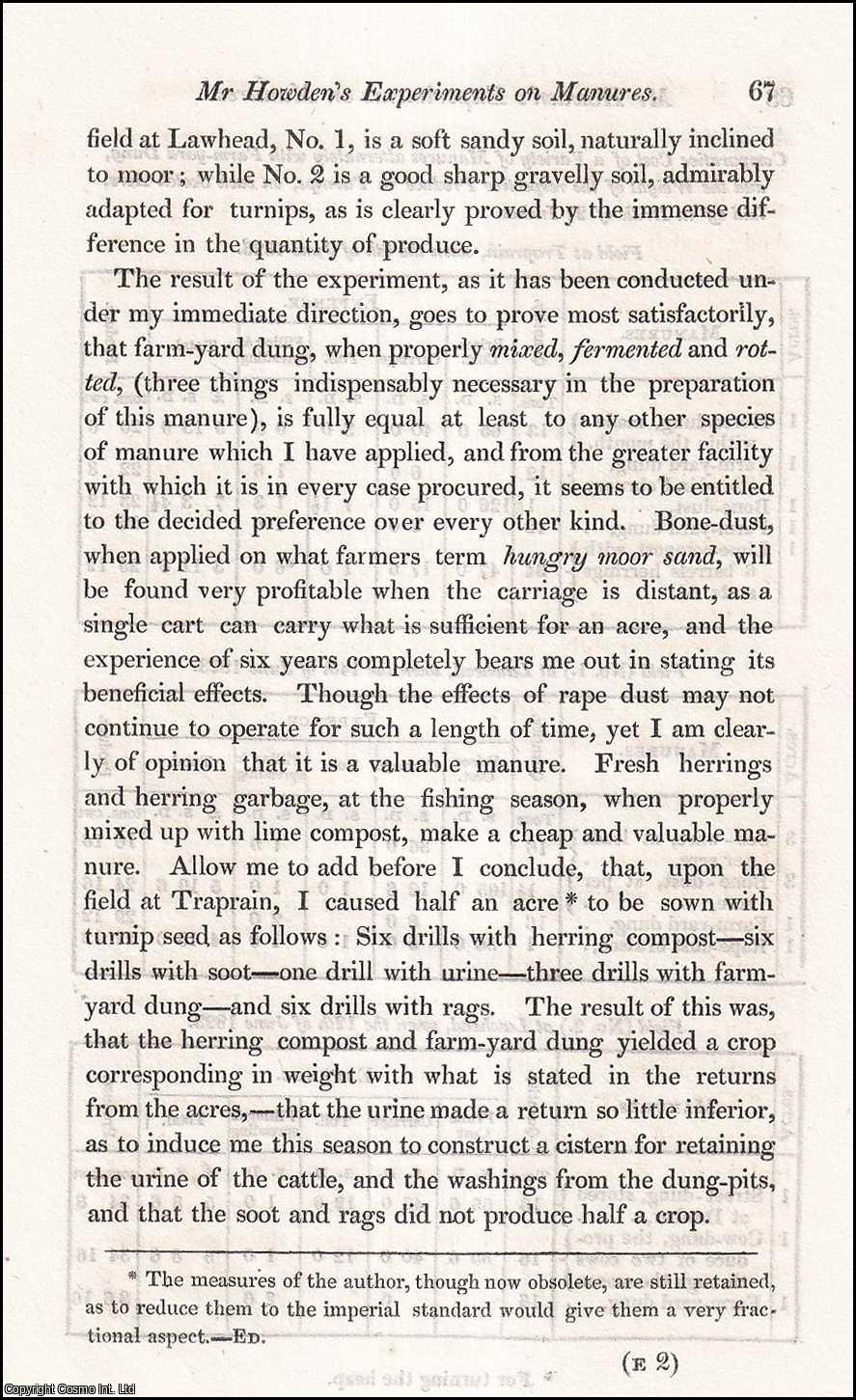 Mr. Howden & Mr. Boswell - Experiments on Raising Turnips with Manure, not Farmyard Dung by itself or in Compost. An uncommon original article from the Prize Essays and Transactions of the Highland Society of Scotland, 1829.