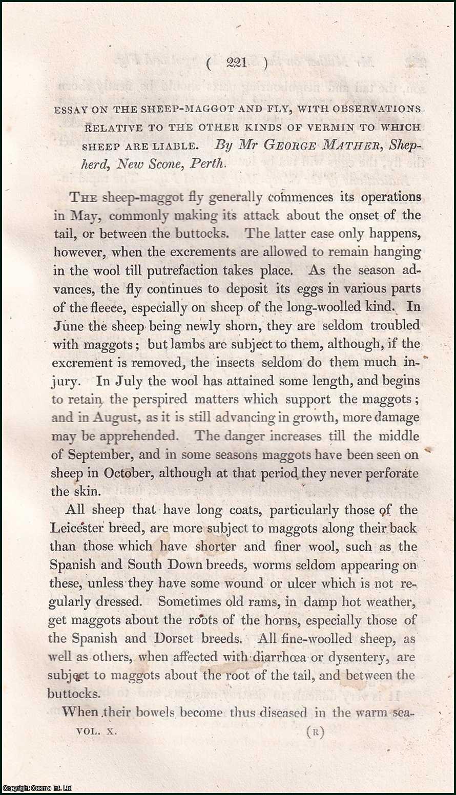 Mr. George Mather, Shepherd, New Scone, Perth. - The Sheep-Maggot & Fly, with Observations Relative to the other Kinds of Vermin to which Sheep are Liable. An uncommon original article from the Prize Essays and Transactions of the Highland Society of Scotland, 1835.