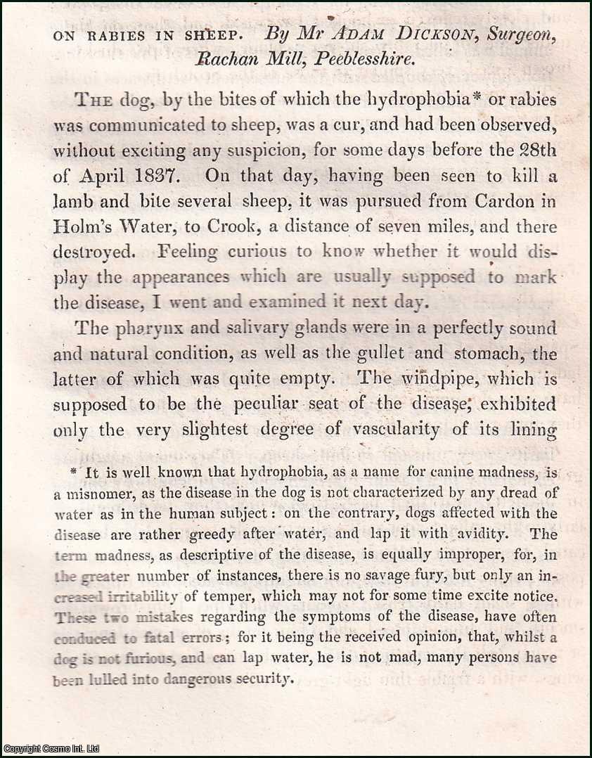 Mr. Adam Dickson, Surgeon, Rachan Mill, Peeblesshire. - Rabies in Sheep. An uncommon original article from the Prize Essays and Transactions of the Highland Society of Scotland, 1839.
