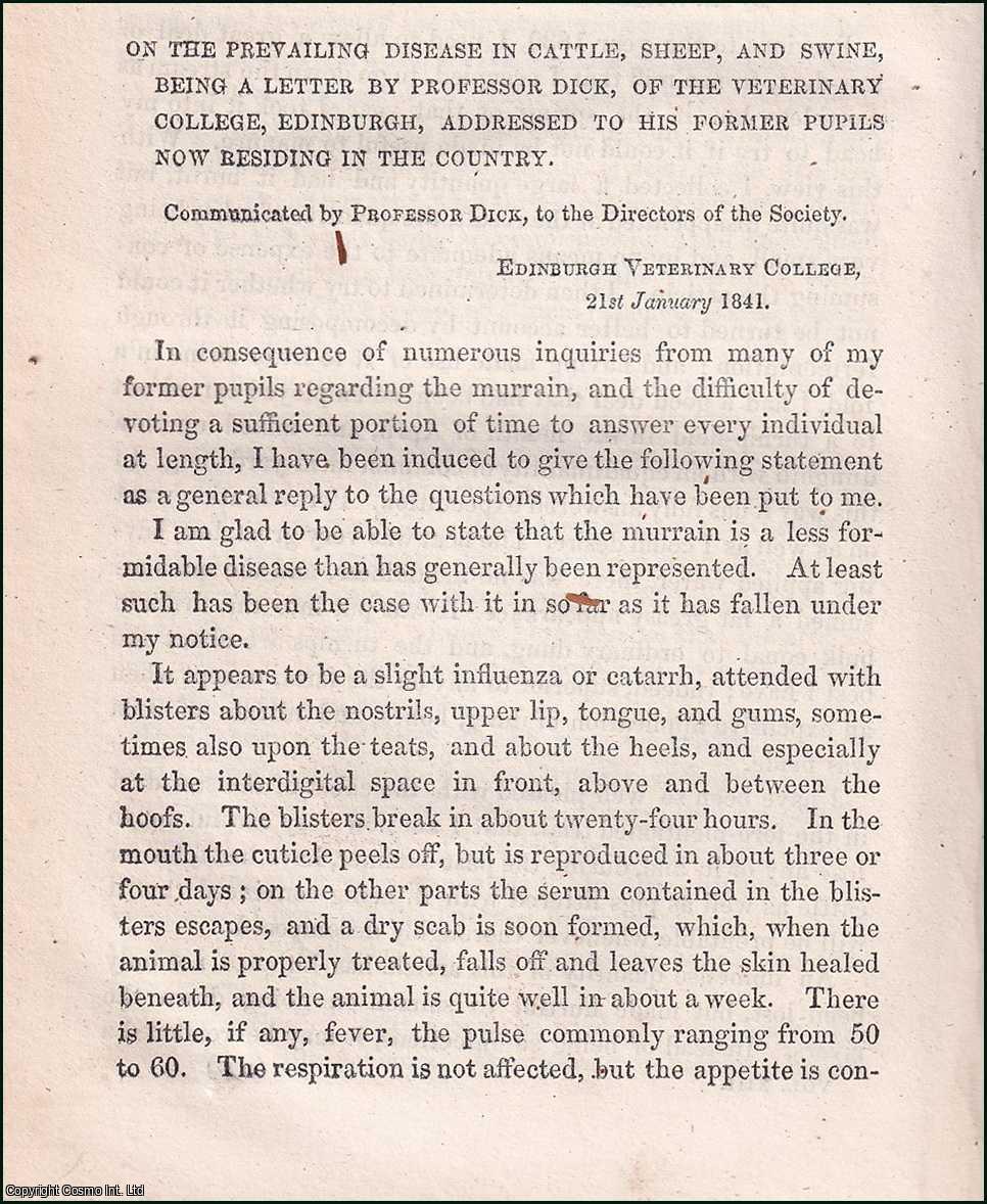 Professor Dick - The Prevailing Disease in Cattle, Sheep, & Swine. An uncommon original article from the Prize Essays and Transactions of the Highland Society of Scotland, 1841.
