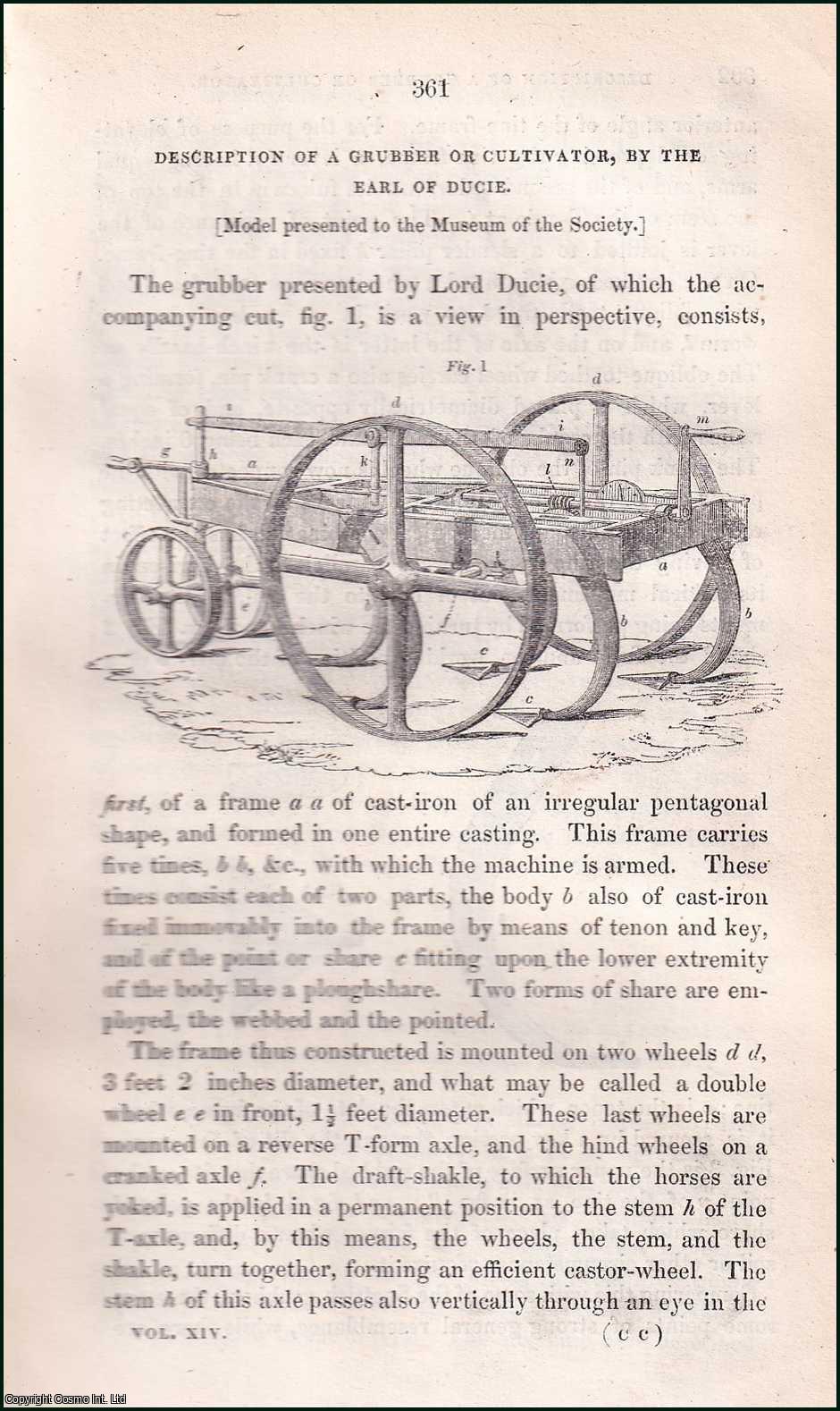 Earl of Ducie. - Description of a Grubber or Cultivator. An uncommon original article from the Prize Essays and Transactions of the Highland Society of Scotland, 1843.