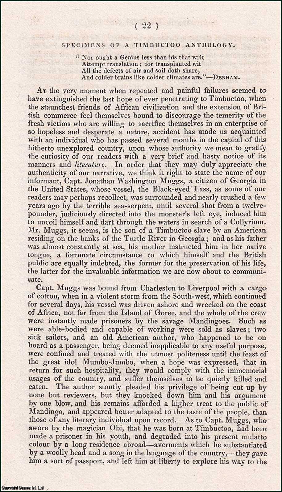 New Monthly Magazine - Specimens of a Timbuctoo Anthology TOGETHER WITH Letter on the Timbuctoo Anthology. An uncommon article from the New Monthly Magazine & Literary Journal, 1824.