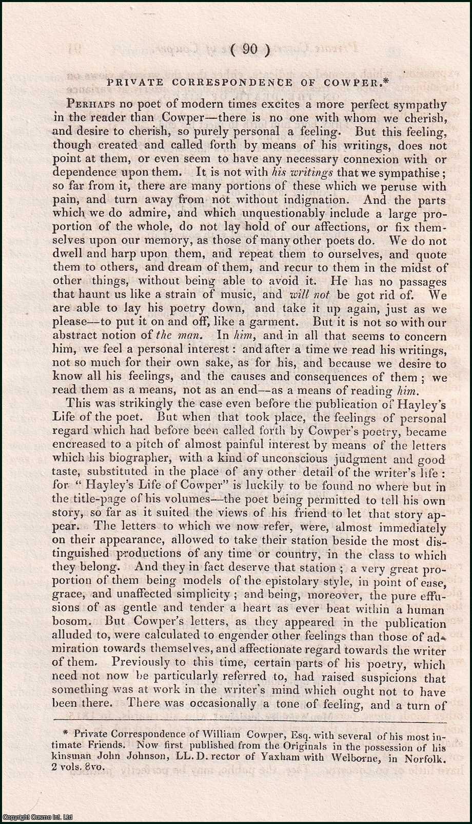 New Monthly Magazine - William Cowper : English Poet and Anglican Hymnwriter. An uncommon article from the New Monthly Magazine & Literary Journal, 1824.