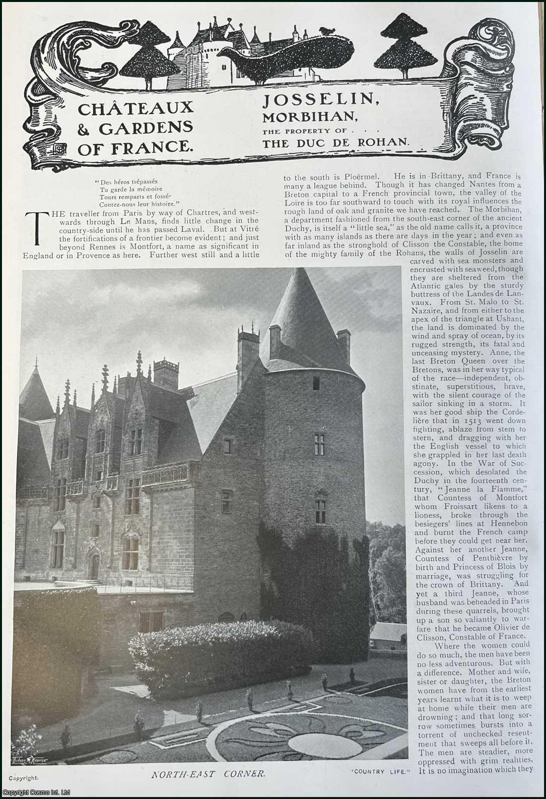 Theodore Andrea Cook - Josselin, Morbihan. The Property of the Duc De Rohan. Several pictures and accompanying text, removed from an original issue of Country Life Magazine, 1907.