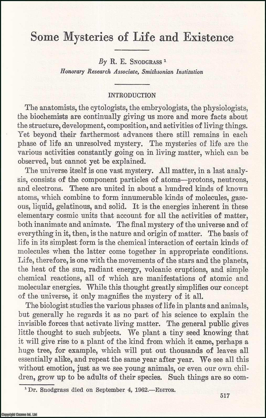 R.E. Snodgrass, Honorary Research Associate, Smithsonian Institution. - Some Mysteries of Life & Existence : the Origin of Life ; Cell Division ; Reproduction ; Heredity ; Cell Movements & Instinct. An uncommon original article from the Report of the Smithsonian Institution, 1962.