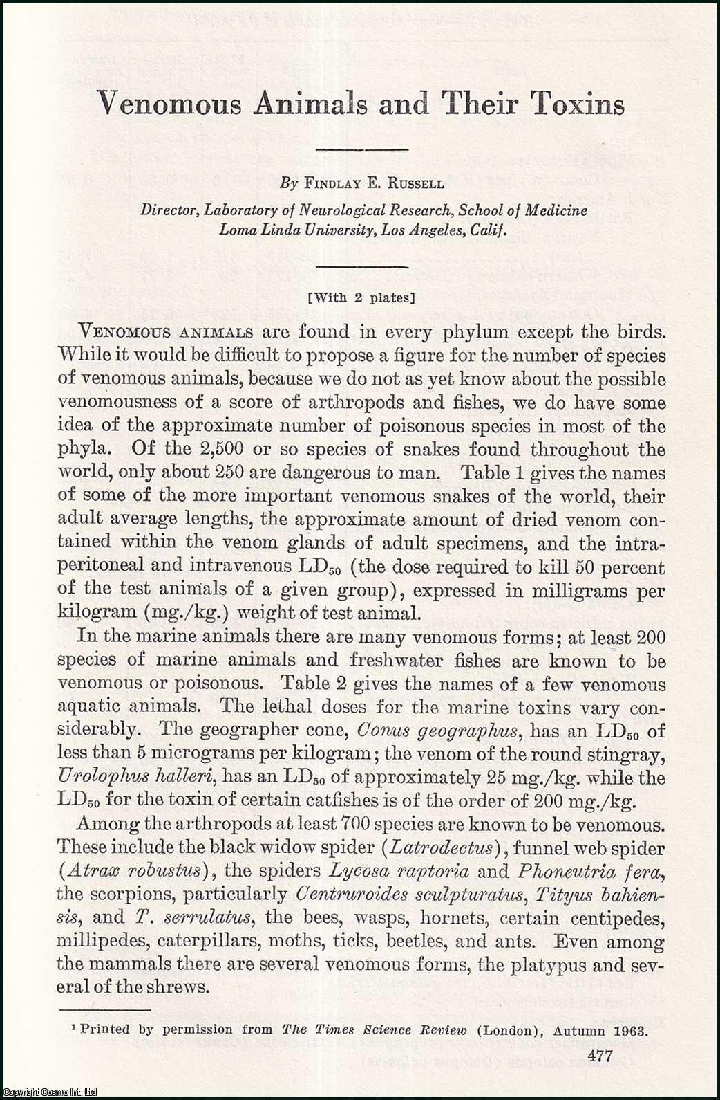 Findlay E. Russell, Director, Laboratory of Neurological Research, School of Medicine Loma Linda University, Los Angeles, California. - Venomous Animals & their Toxins. An uncommon original article from the Report of the Smithsonian Institution, 1964.